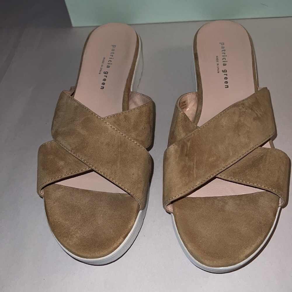 Patricia Green Bianca camel suede‎ slip on comfort crossed top sandals Sz 11 new